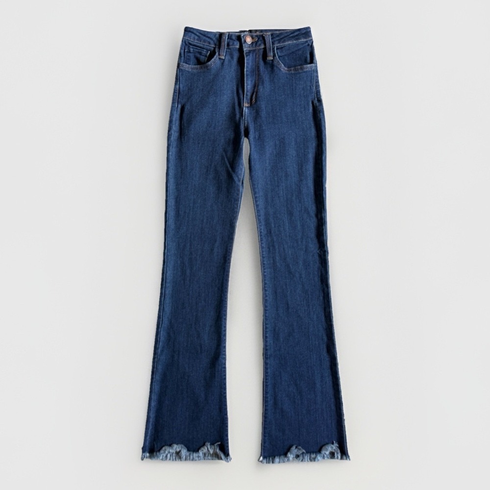 JUST BLACK Dark Denim Flare Jeans Sz 26 (25x31) Blue Stretch USA Frayed Raw Hem